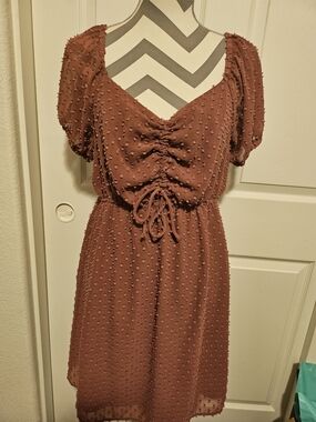 Mimi Chica Rust Textured Dot Drawstring Mini Dress